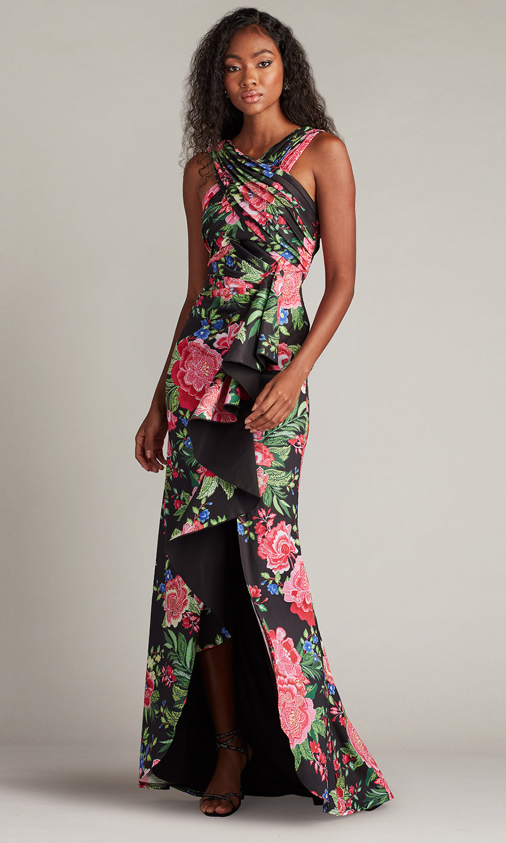 Tadashi Shoji CII24377L - Elarra Floral Waterfall Flounce Halter Gown