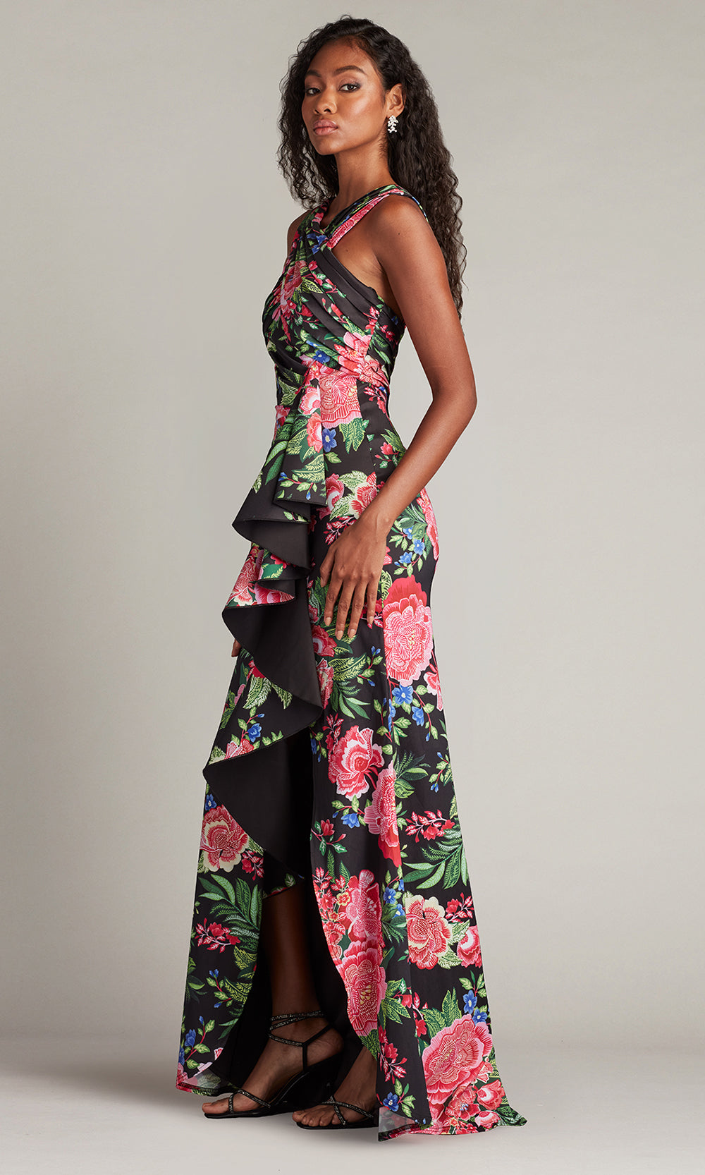 Tadashi Shoji CII24377L - Elarra Floral Waterfall Flounce Halter Gown